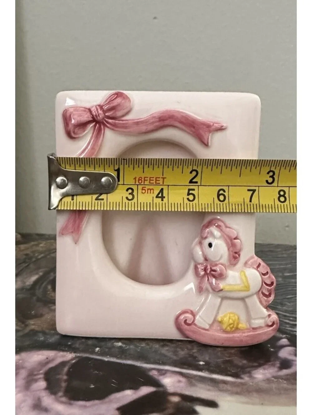 Adorable Vintage Small Pink Ceramic Frame W/ Bow And Rocking Horse For Baby Pic